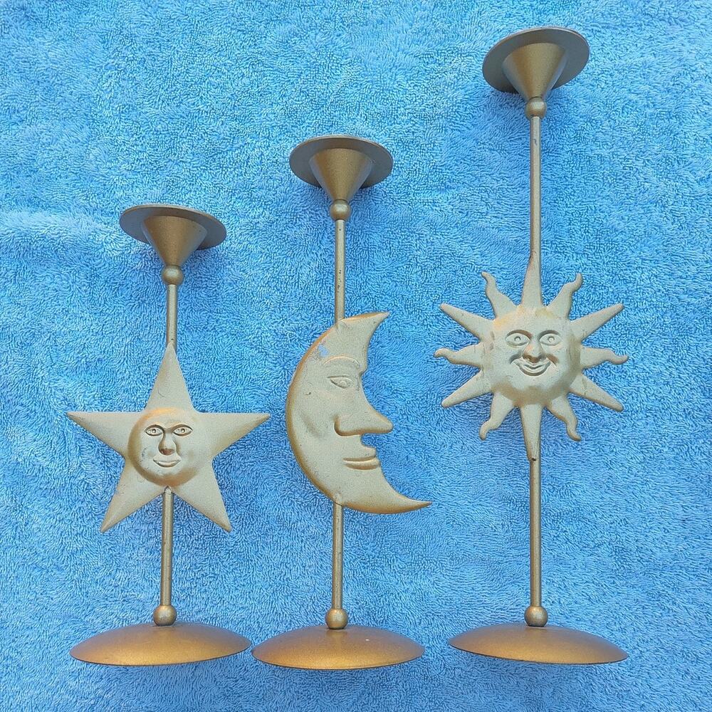Vtg Celestial Matte Gold Metal Star Sun Moon Whimsigoth Candlestick Holders MCM